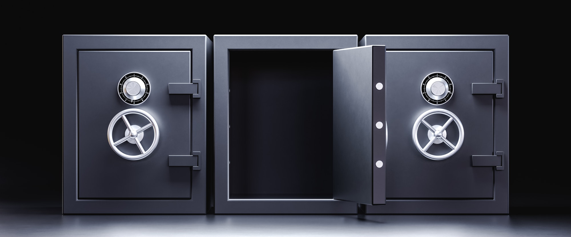 Three safe deposit boxes with one door open.